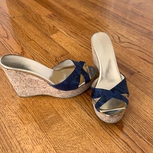 Jimmy Choo “Pandora” navy snakeskin platform wedge
